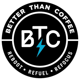 BETTER THAN COFFEE  BTC REBOOT · REFUEL· REFOCUS trademark