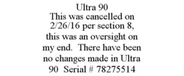 ULTRA 90 THIS WAS CANCELLED ON 2/26/16 PER SECTION 8, THIS WAS AN OVERSIGHT ON MY END. THERE HAVE BEEN NO CHANGES MADE IN ULTRA 90 SERIAL # 78275514 trademark