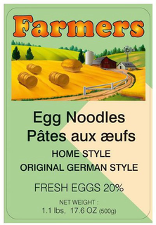 FARMERS EGG NOODLES PÂTES AUX AEUFS HOME STYLE ORIGINAL GERMAN STYLE FRESH EGGS 20% NET WEIGHT: 1.1 LBS, 17.6 OZ (500G) trademark