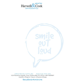 HARWELL & COOK ORTHODONTICS; SMILE OUT LOUD, ANTHONY HARWELL, JR., D.D.S., M.S.; TANNER COOK, D.D.S., M.S.; 3420 THORNTON, AMARILLO, TEXAS 79109; (806) 353-3593; 1-800-7ORTHO7; AMARILLO, BORGER, CANYON, GUYMON, PAMPA; HARWELLANDCOOKORTHO.COM trademark