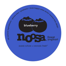 BLUEBERRY NOOSA FINEST YOGHURT ALL NATURAL INGREDIENTS · GLUTEN FREE · PROBIOTIC · FROM HAPPY COWS NEVER TREATED WITH RBGH* AUSSIE CULTURE * COLORADO FRESH trademark