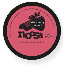 STRAWBERRY RHUBARB NOOSA FINEST YOGHURTALL NATURAL INGREDIENTS · GLUTEN FREE · PROBIOTIC · FROM HAPPY COWS NEVER TREATED WITH RBGH* AUSSIE CULTURE * COLORADO FRESH trademark