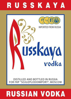 RUSSKAYA IMPORTED FROM RUSSIA RUSSKAYA VODKA  DISTILLED AND BOTTLED IN RUSSIA FOR FKP 'SOJUZPLODOIMPORT', MOSCOW RUSSIAN VODKA trademark