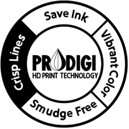 PRODIGI HD PRINT TECHNOLOGY CRISP LINESSAVE INK VIBRANT COLOR SMUDGE FREE trademark