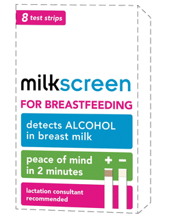 8 TEST STRIPS MILKSCREEN FOR BREASTFEEDING DETECTS ALCOHOL IN BREAST MILK PEACE OF MIND IN 2 MINUTES LACTATION CONSULTANT RECOMMENDED + - trademark
