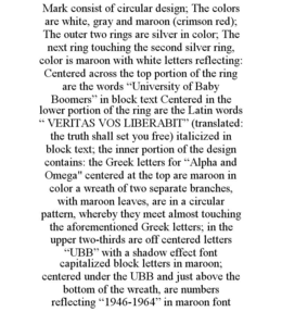 MARK CONSIST OF CIRCULAR DESIGN; THE COLORS ARE WHITE, GRAY AND MAROON (CRIMSON RED); THE OUTER TWO RINGS ARE SILVER IN COLOR; THE NEXT RING TOUCHING THE SECOND SILVER RING, COLOR IS MAROON WITH WHITE LETTERS REFLECTING: CENTERED ACROSS THE TOP PORTION OF THE RING ARE THE WORDS "UNIVERSITY OF BABY BOOMERS" IN BLOCK TEXT CENTERED IN THE LOWER PORTION OF THE RING ARE THE LATIN WORDS " VERITAS VOS LIBERABIT" (TRANSLATED: THE TRUTH SHALL SET YOU FREE) ITALICIZED IN BLOCK TEXT; THE INNER PORTION OF THE DESIGN CONTAINS: THE GREEK LETTERS FOR "ALPHA AND OMEGA" CENTERED AT THE TOP ARE MAROON IN COLOR A WREATH OF TWO SEPARATE BRANCHES, WITH MAROON LEAVES, ARE IN A CIRCULAR PATTERN, WHEREBY THEY MEET ALMOST TOUCHING THE AFOREMENTIONED GREEK LETTERS; IN THE UPPER TWO-THIRDS ARE OFF CENTERED LETTERS "UBB" WITH A SHADOW EFFECT FONT CAPITALIZED BLOCK LETTERS IN MAROON; CENTERED UNDER THE UBB AND JUST ABOVE THE BOTTOM OF THE WREATH, ARE NUMBERS REFLECTING "1946-1964" IN MAROON FONT trademark