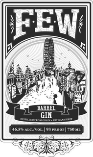 F·E·W BARREL GIN DISTILLED FROM GRAIN ARTISAN SPIRIT 46.5% ALC./VOL. 93 PROOF 750 ML trademark