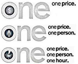 ONE $ ONE PRICE. ONE ONE PRICE. ONE PERSON. ONE 1HR ONE PRICE. ONE PERSON. ONE HOUR. trademark