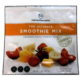 M METROPOLITANMARKET THE ULTIMATE SMOOTHIE MIX STRAWBERRY, BANANA, RASPBERRY, MANGO PERFECTLY RIPE BEST FLAVOR SMOOTHIE ENLARGED TO SHOW DETAIL, CALORIES 80 PER 1 CUP SERVING POTASSIUM 8% 300MG PER CUP DIETARY FIBER 4G PER 1 CUP SERVING NET WT. 2 LBS. (907 G) KEEP FROZEN UNTIL READY FOR USE trademark