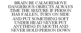 BRAIN BE CALM REMOVE DANGEROUS OBJECTS ALWAYS TIME THE SEIZURE IF PERSON HAS FALLEN, TURN ON SIDE AND PUT SOMETHING SOFT UNDER HEAD NEVER PUT ANYTHING IN MOUTH AND NEVER HOLD PERSON DOWN trademark