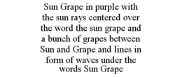 SUN GRAPE IN PURPLE WITH THE SUN RAYS CENTERED OVER THE WORD THE SUN GRAPE AND A BUNCH OF GRAPES BETWEEN SUN AND GRAPE AND LINES IN FORM OF WAVES UNDER THE WORDS SUN GRAPE trademark