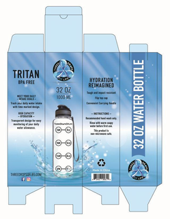 THREE DROPS OF LIFE, 32 OZ, 1000 ML, 7AM, 8 OZ, 9AM, 16 OZ, 11AM, 24 OZ, 1PM, 32 OZ, TRITAN, BPA FREE, MEET YOUR DAILY INTAKE GOALS, TRACK YOUR DAILY WATER INTAKE WITH TIME MARKED DESIGN., HIGH CAPACITY HYDRATION, TRANSPARENT DESIGN FOR EASY MONITORING OF YOUR DAILY WATER ALLOWANCE. HYDRATION REIMAGINED, TOUGH AND IMPACT RESISTANT, FLIP TOP CAP, CONVENIENT CARRYING HANDLE, INSTRUCTIONS, RECOMMENDED HAND WASH ONLY. RINSE WITH WARM SOAPY WATER BEFORE FIRST USE. THIS PRODUCT IS NON-MICROWAVE SAFE. MADE IN CHINA, THREEDROPSOFLIFE.COM, 8 64413 00032 9, 32 OZ WATER BOTTLE trademark
