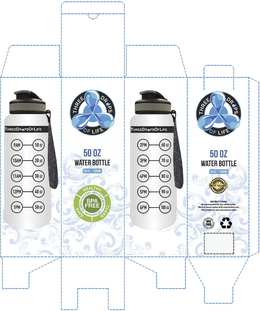 THREE DROPS OF LIFE, 50 OZ WATER BOTTLE, 50 OZ/1500ML, 9AM, 10 OZ, 10AM, 20 OZ, 11AM, 30 OZ, 12PM, 40 OZ, 1PM, 50 OZ, 2PM, 60 OZ, 3PM, 70 OZ, 4PM, 80 OZ, 5PM, 90 OZ, 6 PM, 100 OZ, HEALTHY, CLEAN, SAFE, NON-TOXIC PLASTIC, NO BISPHENOL A, NO PHTHALATES, BPA FREE, THE BEST PRODUCT AT THE BEST PRICE, BEST SELLER, INSTRUCTIONS: RECOMMENDED FOR NON-DISHWASHER. WASH IN WARM WATER WITH SOAP BEFORE USE. THIS PRODUCT IS NON-MICROWAVE SAFE trademark