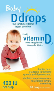 BABY DDROPS BRAND THE SUNSHINE VITAMIN IN JUST ONE DROP LIQUID VITAMIN D3 DIETARY SUPPLEMENT 90 DROPS FOR 90 DAYS BABIES NEED VITAMIN D FOR HEALTHY GROWTH AND DEVELOPMENT. CONTAINS NO PRESERVATIVES, NO ARTIFICIAL FLAVORS, NO COLORING. 400 IU PER DROP 90 DROPS 2.5 ML (0.08 FL. OZ.) trademark