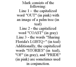 MARK CONSISTS OF THE FOLLOWING: LINE 1 - THE CAPITALIZED WORD "OUT" (IN PINK) WITH AN IMAGE OF A PALM TREE (IN TEAL) LINE 2 - THE CAPITALIZED WORD "COAST" (IN GRAY) LINE 3 - THE WORDS "SHARING FLORIDA'S LGBTQ+" (IN TEAL) ADDITIONALLY, THE CAPITALIZED WORDS "STORIES" (IN TEAL), "OF" (IN GRAY), AND "PRIDE" (IN PINK) ARE SOMETIMES USED IN CONJUNCTION. trademark
