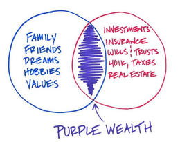 FAMILY FRIENDS DREAMS HOBBIES VALUES INVESTMENTS INSURANCE WILLS & TRUSTS 401K, TAXES REAL ESTATE PURPLE WEALTH trademark