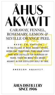 ÅHUS AKVAVIT CARAWAY, FENNEL, ROSEMARY,LEMON & SEVILLE ORANGE PEEL MADE IN SWEDEN IN THE VILLAGE OF ÅHUS, AQUAVIT SPICES, HERBS AND TRADITIONAL PURE GRAIN SPIRIT HAVE BEEN DISTILLED FOR HUNDREDS OF YEARS, TODAY WE MAKE THIS UNIQUE AQUAVIT IN OUR DISTILLERY BUILT IN 1906 SWEDISH AQUVIT ÅHUS DISTILLERY SINCE 1906 SEVILLE ORANGE PEEL LEMON 10/07/2017 PER HERMANSSON trademark