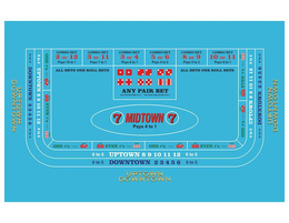 UPTOWN DOWNTOWN MIDTOWN ODD EVEN TO BAR COMBO BETS BET OR ALL ONE ROLL ANY PAIR PAYS TWO SIXES DOUBLE #'S 1 2 3 4 5 6 7 8 9 10 11 12 15 trademark