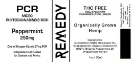PCR MICRO PHYTOCANNABINOID RICH PEPPERMINT 250MG ONE ML DROPPER EQUALS 27MG PCR INDEPENDENT LAB TESTED FOR CONTENT AND PURITY. REMEDY THC FREE FULL SPECTRUM PHARMACEUTICAL GRADE ORGANICALLY GROWN HEMP INGREDIENTS: CANNABIDIOL (CBD), HEMPSEED OIL, GRAPESEED OIL, ORGANIC COCNUT OIL (MCT), ORGANIC PEPPERMINT OIL (PEPPERMINT FLAVOR) 1OZ/30ML NATURAL BOTANICALS LLC 1942 BROADWAY ST. STE 314C BOULDER CO 80302 MANUFACTUERED IN U.S.A. trademark