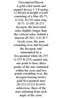 DESCRIPTION/BLAZON A GOLD COLOR METAL AND ENAMEL DEVICE 1 1/8 INCHES (2.86CM) IN HEIGHT OVERALL CONSISTING OF A BLUE (R-73, G-116, B-220 OUTER RING, R-71 G-185, B-231 DECAGON, THE HORIZONTAL SIDES SLIGHTLY LONGER THAN THE VERTICAL SIDES, BEHIND A MAROON (R-202, G-0, B-7 GREEK CROSS, THE ARMS EXTENDING OVER AND BEYOND THE DECAGON, AND SURMOUNTED BY A FIVE-POINTED WHITE (R-255 G-255 B-255) ENAMEL STAR, ONE POINT TO BASE, THREE POINTS OF THE STAR CONTAINED WITHIN THE CROSS AND TWO POINTS EXTENDING OVER, THE DECAGON BEARING TWELVE GOLD FIVE-POINTED STARS (R-232 G-221 B-169) SALTIREWISE, THREE OF THE STARS RADIATING FROM EACH ANGLE OF THE CROSS. trademark