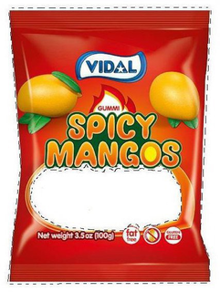 VIDAL GUMMI SPICY MANGOS NET WEIGHT 3.5OZ (100G) FAT FREE NUT FREE GLUTEN FREE trademark