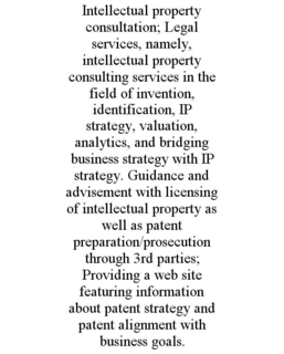 INTELLECTUAL PROPERTY CONSULTATION; LEGAL SERVICES, NAMELY, INTELLECTUAL PROPERTY CONSULTING SERVICES IN THE FIELD OF INVENTION, IDENTIFICATION, IP STRATEGY, VALUATION, ANALYTICS, AND BRIDGING BUSINESS STRATEGY WITH IP STRATEGY. GUIDANCE AND ADVISEMENT WITH LICENSING OF INTELLECTUAL PROPERTY AS WELL AS PATENT PREPARATION/PROSECUTION THROUGH 3RD PARTIES; PROVIDING A WEB SITE FEATURING INFORMATION ABOUT PATENT STRATEGY AND PATENT ALIGNMENT WITH BUSINESS GOALS. trademark