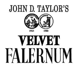 JOHN D. TAYLOR'S VELVET FALERNUM  CERTIFICATE OF MERIT 1923 CLUB OENOLOGIQUE 1980 trademark