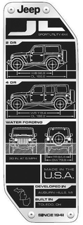 JEEP JL SPORT UTILITY 4X4 2 DR WB 96.8 OL 166.6 4 DR WB 118.4 OL 188.2 WATER FORDING 30 IN. AT 5 MPH TR 64.4 OW 73.9 MADE IN THE U.S.A. DEVELOPED IN AUBURN HILLS, MI BUILT IN TOLEDO, OH SINCE 1941 trademark