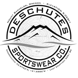 DESCHUTES SPORTSWEAR CO. MOUNT BACHELOR, OREGON ELEVATION 9,068 FT MOUNT BACHELOR TOT MOUNTAIN COORDINATES 43.9792°N, 121.6886°W LAST ERUPTION 6051 BC trademark