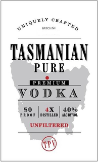 UNIQUELY CRAFTED BATCH NO TASMANIAN PURE PREMIUM VODKA 80 PROOF 4X DISTILLED 40% ALC BY VOL UNFILTERED TPV trademark