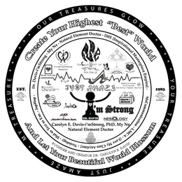 MY TREASURE OUR TREASURES GLOW YOUR TREASURE JUST A MAZE CREATE YOUR "HIGHEST" BEST WORLD FOUNDER AND CREATOR DR. CAROLYN E. DAVIS AND LET YOUR BEAUTIFUL WORLD BLOSSOM EST. EXCELLENCE 1ST CLASS 1983 EXCELLENCE DR. DAVIS-I'MSTRONG-MY NE-NATURAL ELEMENT DOCTOR IME (INSPIRATIONAL MASTERPIECE EMPIRE) MS COMMUNICATION LMCA (LOVE MY CLASS ANYTIME) NESIOLOGY DIALUSTEXTUS ENT JAPHOP MYNE - TRUST CARD "A" LITTLE SOMETHING AWESOME DIALUSTEXTUS NEWDIALUS NE LETTERS AND WORDS AT TOP I NA 1 C2 CL 3 P 4 O 5 LN 6 HE 7 WORDS AU GOLD PT PLATINUM PENTHOUSE I LOVE MY NATURAL ELEMENT BABY I'MSTRONG A LITTLE SOMETHING AWESOME M MUSTARD SEED I'MSTRONG MY NATURAL ELEMENT 10 NE MY NE- TRUST CARD R GROW GLOW A CHANGE OF HEART REAL SOUL FOOD VOICE OF THE HEART #1 WALK IN PURPOSE & KEEP IT MOVING JUST A MAZE WALKING IN PURPOSE VISION FORMULA "JUST DO YOU+ HIGHEST = BEST YOU" THANKS, DR. CAROLYN DAVIS MS COMMUNICATION SHOW JAPHOP IME-INSPIRATIONAL MASTERPIECE EMPIRE GD/DDS CREATE & EDUCATE DR. DAVIS I'MSTRONG NESIOLOGY CAROLYN E. DAVIS-I'MSTRONG, PHD., MY NE, NATURAL ELEMENT DOCTOR trademark