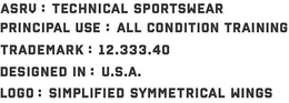 ASRV : TECHNICAL SPORTSWEAR PRINCIPAL USE : ALL CONDITION TRAINING TRADEMARK : 12.333.40 DESIGNED IN : U.S.A. LOGO : SIMPLIFIED SYMMETRICAL WINGS trademark