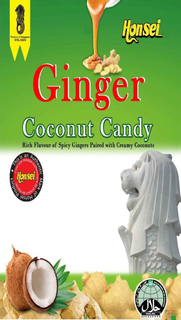 HONSEI PRODUCT OF SINGAPORE GINGER COCONUT CANDY RICH FLAVOUR OF SPICY GINGERS PAIRED WITH CREAMY COCONUTS THIS AN AUTHENTIC MARK OF HONSEI PRODUCT C'EST UNE MARQUE AUTHENTIQUE DE PRODUCT DE HONSEI HALAL SINGAPORE trademark