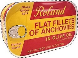ROLAND FLAT FILLETS OF ANCHOVIES IN OLIVE OIL WILD CAUGHT STORE UNDER 60°F ROTATE STOCK NET WT.28 OZ. (1LB. 12OZ.) 794G trademark