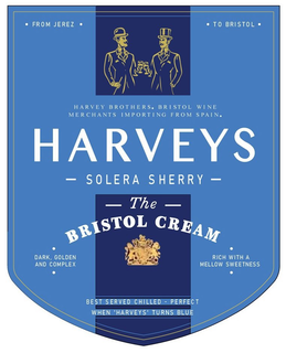 HARVEYS SOLERA SHERRY THE BRISTOL CREAM. FROM JEREZ TO BRISTOL HARVEY BROTHERS, BRISTOL WINE MERCHANTS IMPORTING FROM SPAIN DARK, GOLDEN AND COMPLEX RICH WITH A MELLOW SWEETNESS BEST SERVED CHILLED-PERFECT WHEN 'HARVEYS' TURNS BLUE trademark