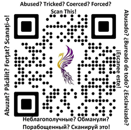 ABUSED TRICKED FORCED, SCAN HERE - WRITTEN IN ENGLISH, RUSSIAN, ROMANIAN AND SPANISH trademark