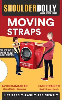 SHOULDERDOLLY MAKES LIFTING EASIER MOVING STRAPS THE BEST WAY TO MOVE HEAVY & BULKY ITEMS MOVE ITEMS UP TO 800 LB AVOID DAMAGE TO FLOORS WALLS DOORWAYS EASE STRAIN TO BACK KNEES HANDS LIST SAFELY EASILY EFFICIENTLY trademark