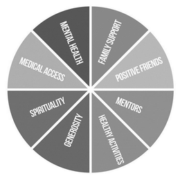 MEDICAL ACCESS SPIRITUALITY GENEROSITY HEALTHY ACTIVITIES MENTORS POSITIVE FRIENDS FAMILY SUPPORT MENTAL HEALTH trademark
