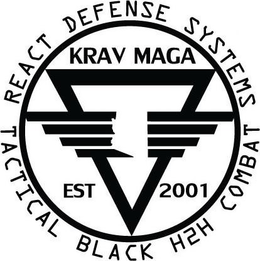 REACT DEFENSE SYSTEMS TACTICAL BLACK H2H COMBAT KRAV MAGA EST 2001 trademark
