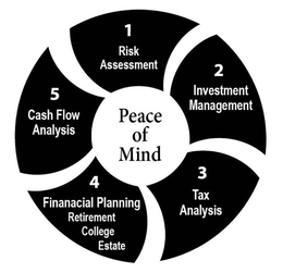 1 RISK ASSESSMENT 2 INVESTMENT MANAGEMENT 3 TAX ANALYSIS 4 FINANCIAL PLANNING RETIREMENT COLLEGE ESTATE 5 CASH FLOW ANALYSIS PEACE OF MIND trademark