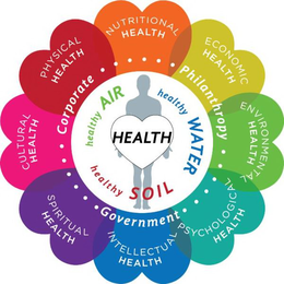 NUTRITIONAL HEALTH ECONOMIC HEALTH ENVIRONMENTAL HEALTH PSYCHOLOGICAL HEALTH INTELLECTUAL HEALTH SPIRITUAL HEALTH CULTURAL HEALTH PHYSICAL HEALTH CORPORATE PHILANTHROPY GOVERNMENT HEALTH AIR HEALTHTY WATER HEALTHY SOIL HEALTHY trademark