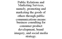 PUBLIC RELATIONS AND MARKETING SERVICES, NAMELY, PROMOTING AND MARKETING THE GOODS OF OTHERS THROUGH PUBLIC COMMUNICATIONS MEANS: BUSINESS CONSULTING FOR CONSUMER PRODUCT DEVELOPMENT, BRAND IMAGERY, AND SOCIAL MEDIA STRATEGY. trademark