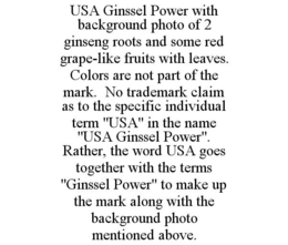 USA GINSSEL POWER WITH BACKGROUND PHOTO OF 2 GINSENG ROOTS AND SOME RED GRAPE-LIKE FRUITS WITH LEAVES. COLORS ARE NOT PART OF THE MARK. NO TRADEMARK CLAIM AS TO THE SPECIFIC INDIVIDUAL TERM "USA" IN THE NAME "USA GINSSEL POWER". RATHER, THE WORD USA GOES TOGETHER WITH THE TERMS "GINSSEL POWER" TO MAKE UP THE MARK ALONG WITH THE BACKGROUND PHOTO MENTIONED ABOVE. trademark