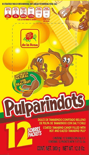 DE LA ROSA PULPARINDOTS CONFRUTA NATURAL WITH REAL FRUIT NO ETIQUETADO PARA SU VENTA INDIVIDUAL/ NOT LABELED FOR INDIVIDUAL RETAIL SALE GRASA SATURADA 0 CAL 0%; OTRAS GRASAS 0 CAL 0% AZUCARES TOTALES 1310 CAL 364% SODIO 2.2G 112% ENERGIA POR ENVASE 1332 CAL ENERGIA POR PORCION 111 CAL DE LOS NUTRIMENTOS DIARIOS 2 PORCIONES POR ENVASE 12 SOBRES PACKETS DULCE DE TAMARINFO CONFICTADO RELLENO DE PULPA DE TAMARINDO CON SAL Y CHILE COATED TAMARIND CANDY FILLED WITH HOT AND SALTED TAMARIND PULP ONTIENE: 12 SOBRES CON 30G C.U. CONTAINS: 12 PACKETS WITH 1.07 OZ EA. CONT. NET 360G NET WT. 12.8 OZ trademark