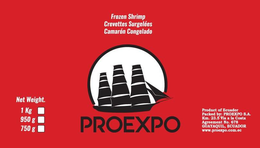 PROEXPO NET WEIGHT. 1 KG 950 G 750 G FROZEN SHRIMP CREVETTES SURGELÉES CAMARÓN CONGELADO PROEXPO PRODUCT OF ECUADOR PACKED BY: PROEXPO S.A. KM. 23.5 VIA A LA COSTA AGREEMENT NO. 678 GUAYAQUIL ECUADOR WWW.PROEXPO.COM.EC trademark