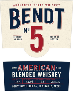 AUTHENTIC TEXAS WHISKEY BENDT NO 5 STRAIGHT IS GOOD BENDT IS BETTER CRAFT AMERICAN MADE BLENDED WHISKEY AGED IN: OAK ALC BY VOL: 41.5% ALC PROOF: 83 BOTTLE SIZE: 750ML BENDT DISTILLING CO., LEWISVILLE, TEXAS trademark