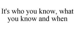 IT'S WHO YOU KNOW, WHAT YOU KNOW AND WHEN trademark