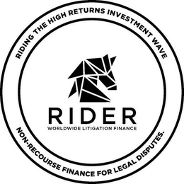 RIDER RIDING THE HIGH RETURNS INVESTMENT WAVE.WORLDWIDE LITIGATION FINANCE. NON- RECOURSE FINANCE FOR LEGAL DISPUTES trademark