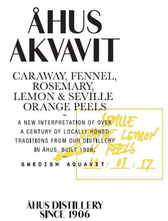 ÅHUS AKVAVIT CARAWAY, FENNEL, ROSEMARY,LEMON & SEVILLE ORANGE PEELS -  A NEW INTERPRETATION OF OVER A CENTURY OF LOCALLY HONED TRADITIONS FROM OUR DISTILLERY IN ÅHUS, BUILT IN 1906. SWEDISH AQUVIT ÅHUS DISTILLERY SINCE 1906 SEVILLE ORANGE LEMON PEELS 10/07/2017 PER HERMANSSON trademark