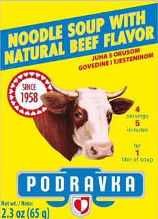 NOODLE SOUP WITH NATURAL BEEF FLAVOR JUNA S OKUSOM GOVEDINE I TJESTENINOM PODRAVKA SINCE 1958 4 SERVINGS 5 MINUTES FOR 1 LITER OF SOUP PODRAKVA NET WT./ NETO: 2.3 OZ (65 G) trademark